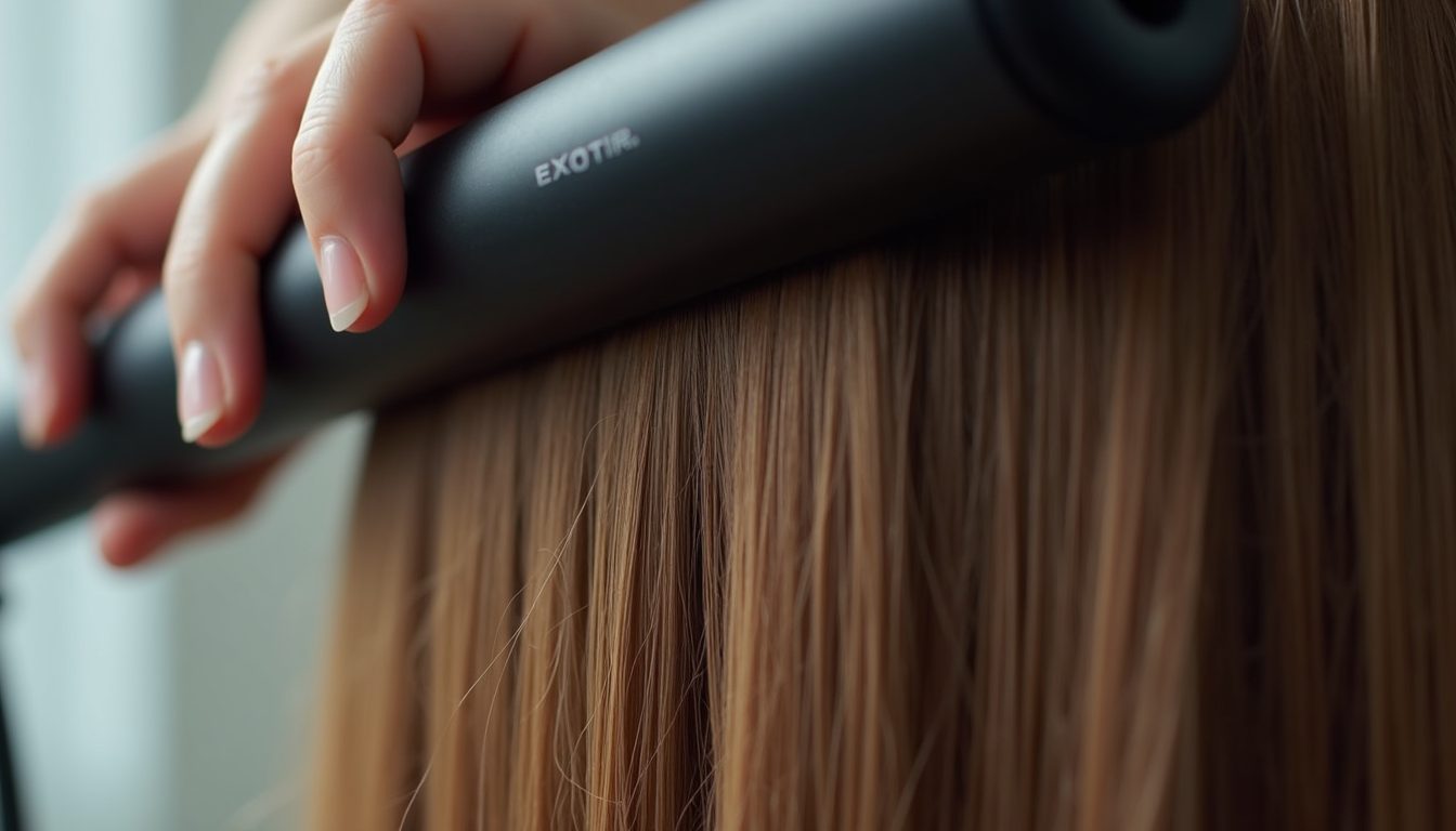Hair strands being straightened with a flat iron during Japanese straightening